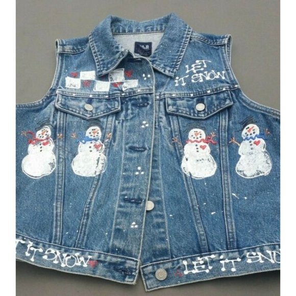 Girls Jean Vest Size M Holiday Winter Handpainted Snowman - Picture 7 of 12